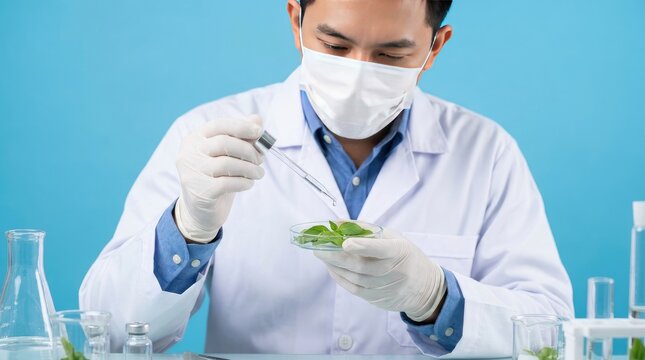Scientist in lab coat and mask using a dropper on plant leaves world science day