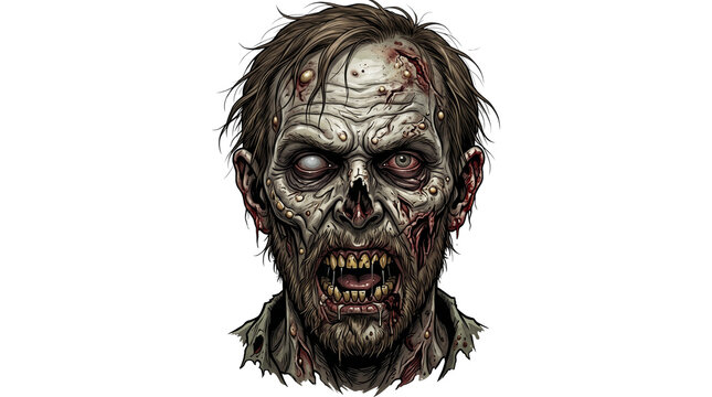 Gory zombie head portrait with rotting skin, terrifying undead monster face for Halloween, realistic decaying zombie character isolated PNG with Transparent Background