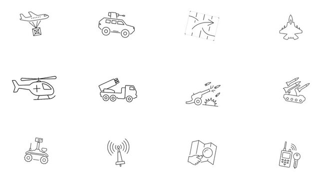 Set of Animated Military and Defense Line Icons on White Background