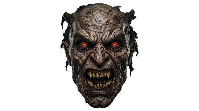 Demonic monster face with glowing red eyes, terrifying creature mask with sharp fangs, dark horror fantasy character head isolated PNG with Transparent Background