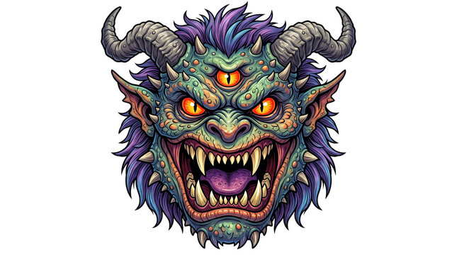 Fierce monster head with three glowing eyes and horns, demonic creature mascot with sharp teeth, green beast with purple fur isolated PNG with Transparent Background
