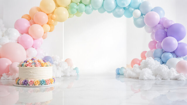 Elegant Pastel Birthday Cake with Beautiful Floral Decoration and Balloon Arch Background