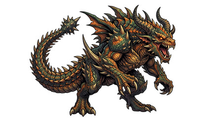 Fototapeta premium Fierce fantasy dragon monster, armored reptilian beast with horns and spikes, mythical creature for gaming and concept art isolated PNG with Transparent Background