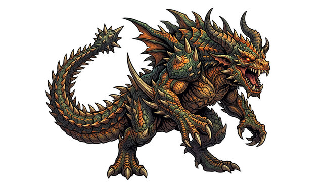Fierce fantasy dragon monster, armored reptilian beast with horns and spikes, mythical creature for gaming and concept art isolated PNG with Transparent Background