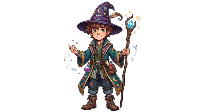 Fantasy wizard boy character with magic staff, young sorcerer in purple hat and teal robes, magical mage apprentice illustration isolated PNG with Transparent Background