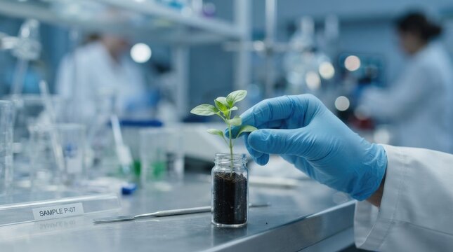 Scientist in a laboratory examining a small plant specimen in a glass vial, focusing on botanical research and sustainable agriculture development world science day