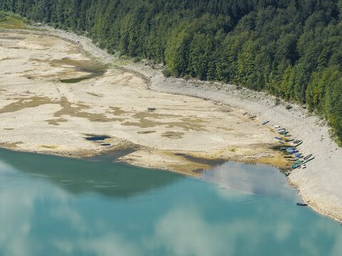 Mountain lake, mountains, reflection, sunny, summer, drought, low water, drought, boats, aerial view, August 2026, Sylvenstein Dam, Sylvensteinsee, Isar, Lenggries, Bavarian Alps, Bavaria, Germany