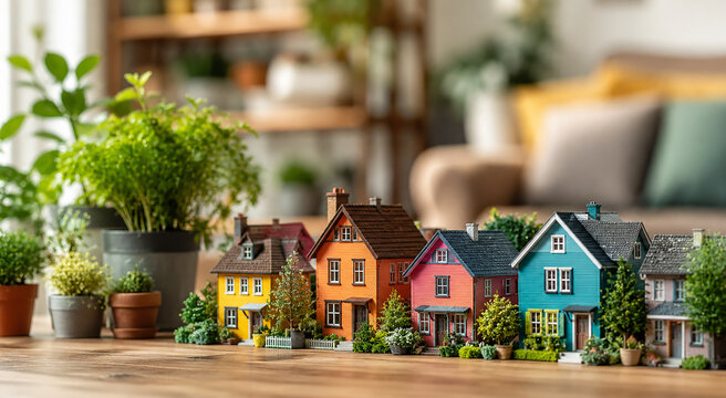 Miniature Model Houses Arranged on a Wooden Table with Indoor Home Plants Background