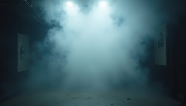 stage fog filling empty performance space with dramatic overhead spotlights, dense haze drifting across concrete floor and silhouetted walls, stage fog creating moody atmospheric backdrop for theater,