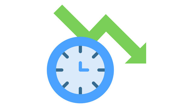 A blue clock with a green downward trend arrow representing time management or loss transparent background