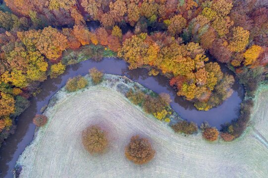 Aerial view of the Hunte in autumn, Meander, Hunte loop, Hunte, river, tree, forest, autumn colours, Huntepadd, D&ouml;tlingen, Lower Saxony, Germany