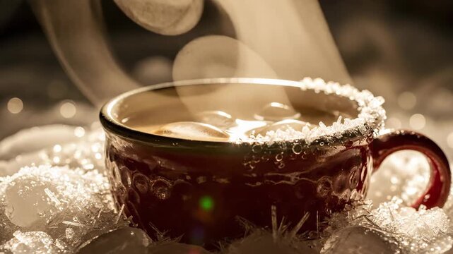 Hot drink in icy mug with steam and golden light