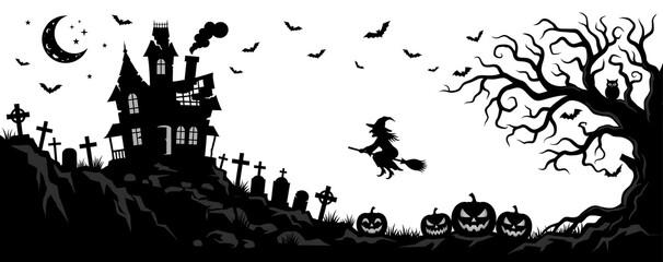 Fototapeta premium Spooky halloween silhouette banner with haunted house witch flying on broomstick graveyard bats and moon