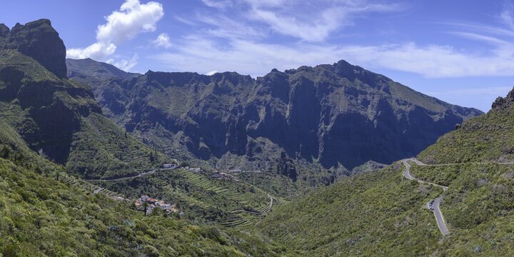 The mountain village of Masca surrounded by volcanic rock formation and the Masca Gorge, Barranco de Masca, Teno Mountains, Tenerife, Canary Islands, Spain
