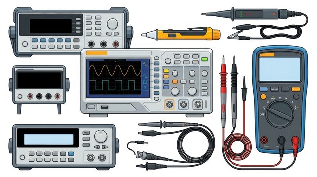 Collection of professional electronic test and measurement equipment including digital multimeters oscilloscopes signal generators and various electrical testing probes