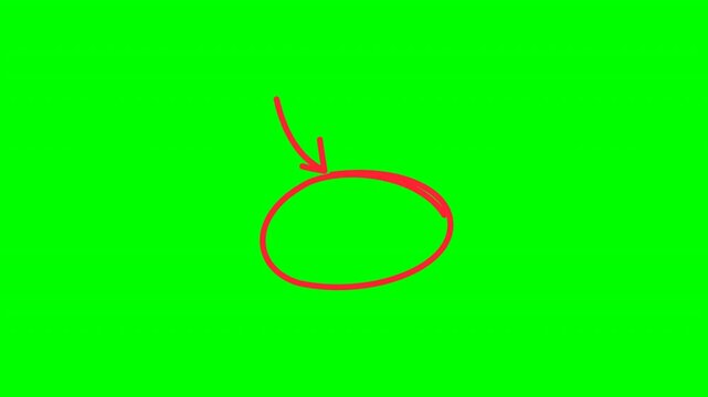 Clean and smooth animated red circle pointer with balanced arrowhead positioning to prevent overlap with the shaft, smooth stroke drawing animation on a green screen.