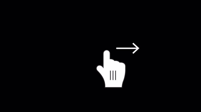 Mouse cursor gesture swipe right direction with arrow animation on transparent background, hand cursor swiping right with arrow sign animated.