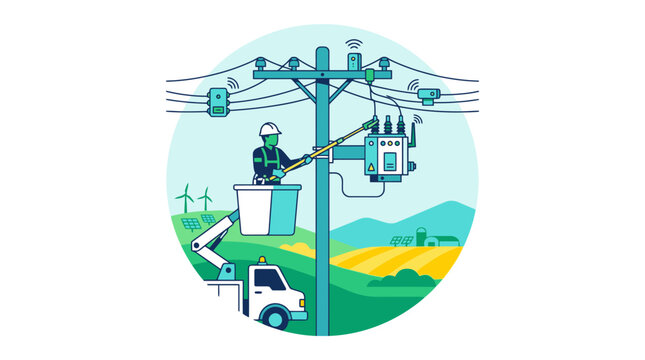 Electrician working on utility pole repairing power line in vector illustration. EPS Editable