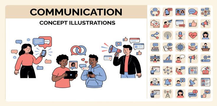 Communication concept illustrations. Set of people vector illustrations in various activities of social media, networking, support, community, chatting, online communication, app and services, rating 