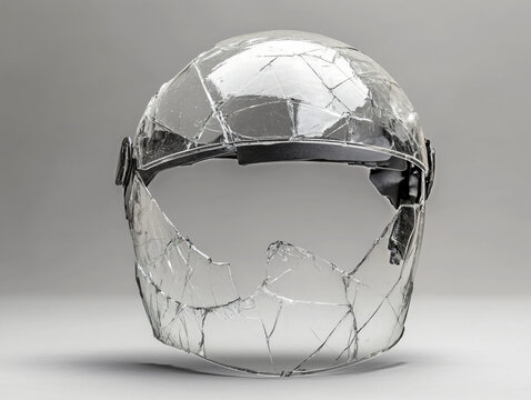 Front view of shattered transparent protective face visor with broken opening on neutral background