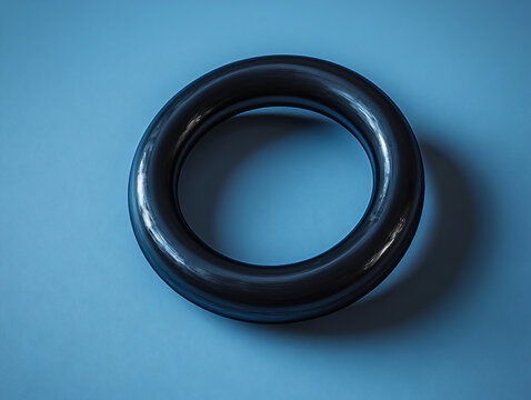 Black rubber sealing ring viewed from above on a blue background