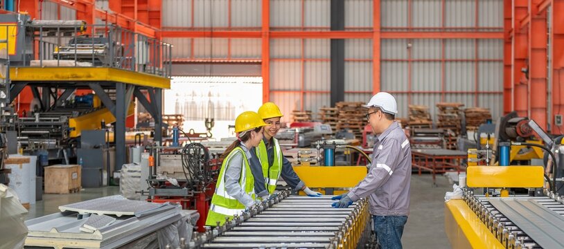 Teamwork technician discussing metal sheet machine system operation collaboration in factory Asian male supervisor training female engineering team on automated roll forming machine conveyor
