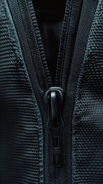 Front macro view of black zipper on heavy protective technical fabric