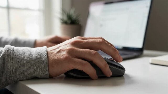 Hands use a wireless computer mouse while working remotely on a modern laptop.