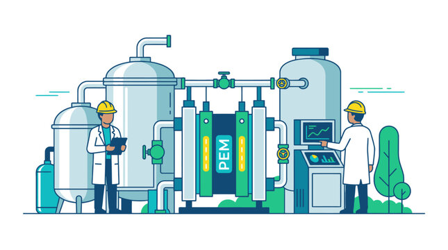 Industrial green hydrogen energy production plant illustration with engineers operating pem electrolyzer equipment. EPS Editable