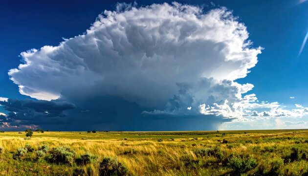 Large cumulus cloud over green landscape.