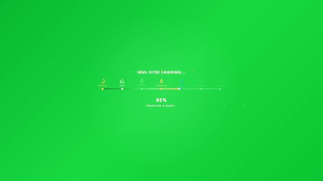 An elegant Islamic motion graphic animation depicting a journey toward Eid al-Fitr (Lebaran) with custom milestone icons, glowing progress bar, and modern festive elements on a clean green background.