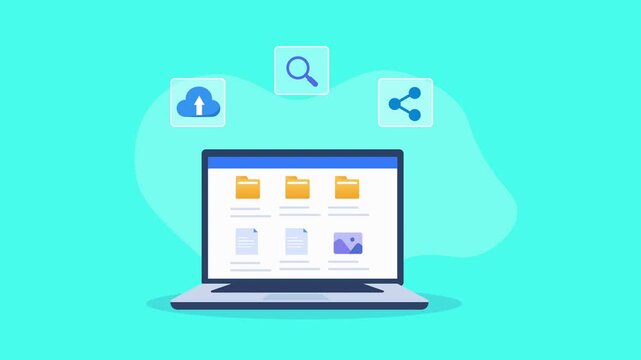 Animated video showing a laptop with a digital file management interface, folders and documents, surrounded by cloud, search, and sharing icons on a bright turquoise background.