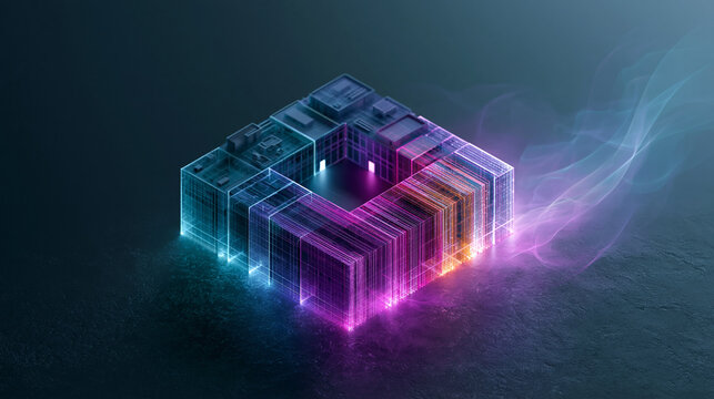 Isometric glowing digital building structure with flowing purple and blue neon light trails for abstract tech background.