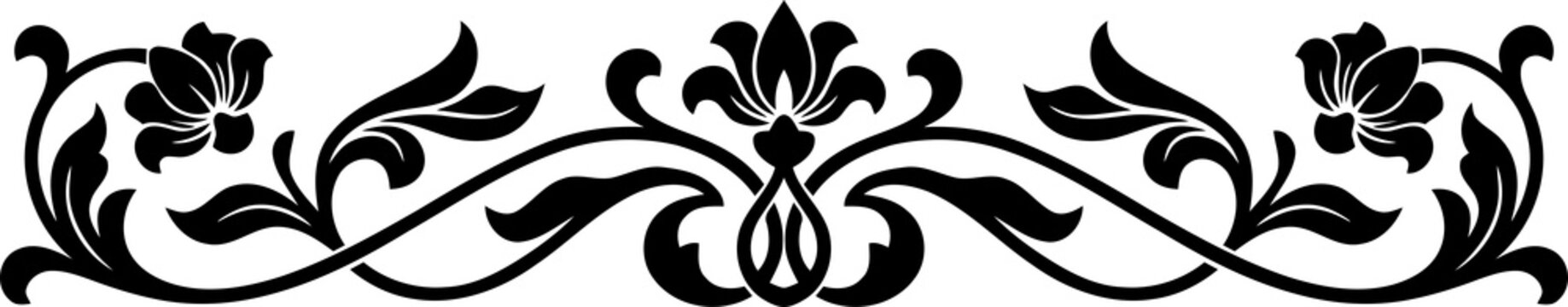 Vintage floral horizontal divider with elegant black filigree scrolls and decorative leaf ornaments for classic design projects