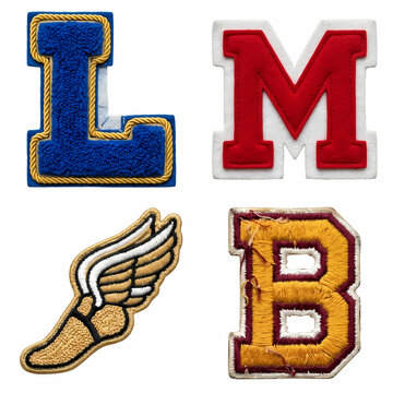 Set of varsity alphabet letter patches featuring embroidered fabric textures in blue red and yellow colors for personalized sports clothing or athletic jackets providing classic academic style