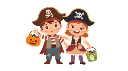 Fototapeta premium Happy Kids in Pirate Costumes Holding Candy Buckets