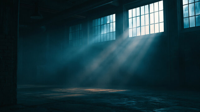 Large gloomy industrial space with vibrant light rays highlighting dusty air through multiple arched windows.
