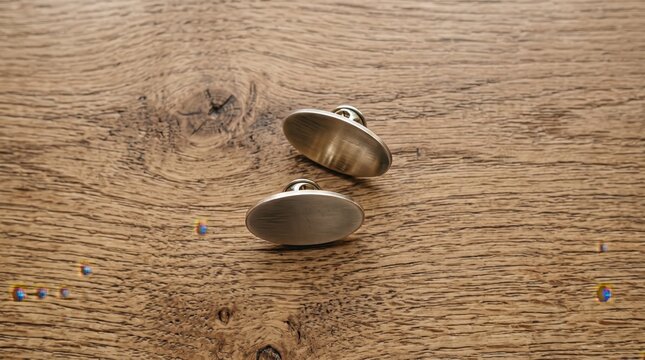 Vintage brass oval cufflinks resting on rustic wooden table surface, classic men fashion accessory detail, elegant groom attire component, luxury jewelry, wedding preparation