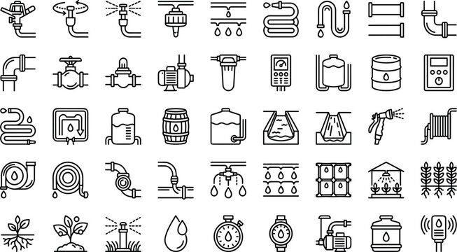 Agricultural irrigation system outline icons set vector collection with lawn watering tools