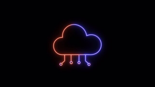 Neon cloud syncing icon sign animation on transparent background, neon colorful cloud sync tech animated with alpha channel.