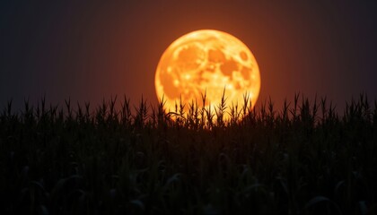 Obraz premium Harvest moon rising over silhouetted cornfield at dusk, harvest moon glowing large orange behind tall stalks with low mist and rim light creating cinematic silhouettes,