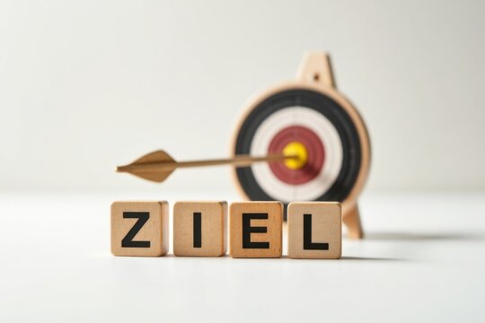 Zieleinlauf mit Zielscheibe und Holzbuchstaben als Symbol f&uuml;r Erfolg und Zielerreichung