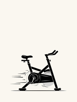 Stationary bike graphic shows a modern exercise bicycle in black silhouette with motion lines indicating speed during a workout.