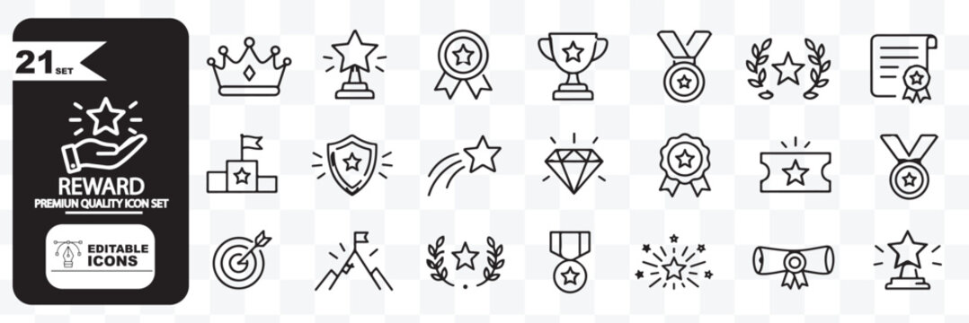 Set of reward points outline icons with star, badge, gift, coin, discount card, money, shopping bag, hand, and target
