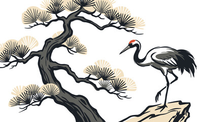 Fototapeta premium Traditional Asian ink painting of a red crowned crane bird standing next to a pine tree. EPS Editable