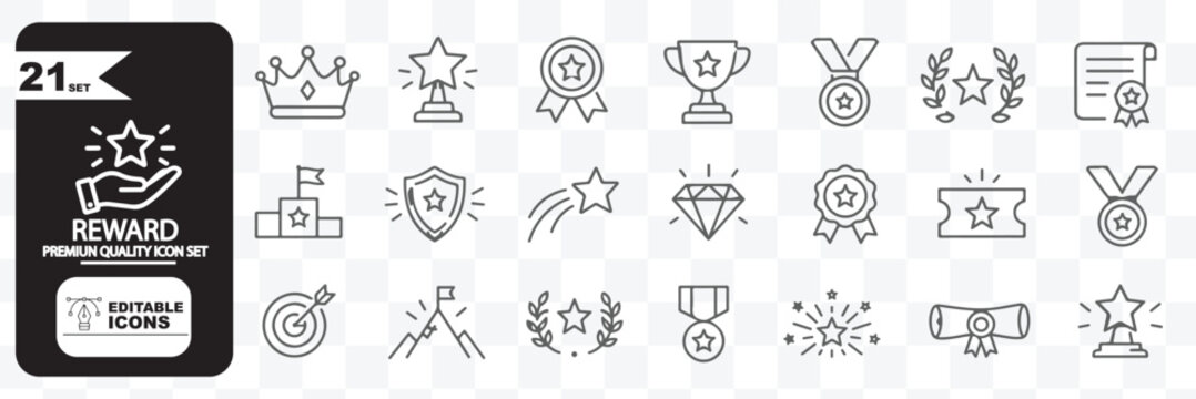 Set of reward points outline icons with star, badge, gift, coin, discount card, money, shopping bag, hand, and target
