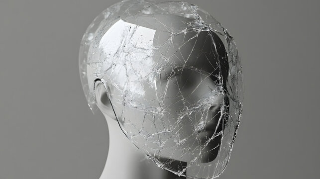 Cracked clear face shield on a mannequin head viewed from behind