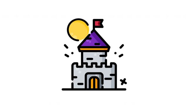 Animated medieval castle with yellow sun, purple roof, stone walls, red flags, ideal for travel or fantasy themes.