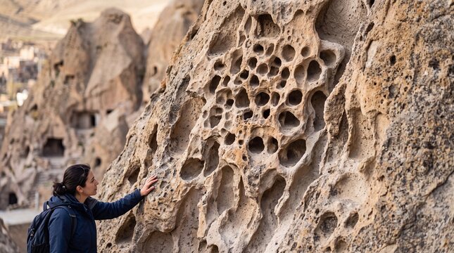 Young female traveler touching honeycomb tufa rock texture at Kandovan, Iran.