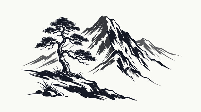 Traditional ink wash painting of pine tree and mountain landscape. EPS Editable